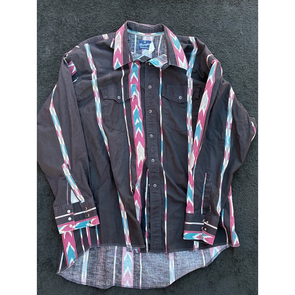 Wrangler Western Shirt Mens 2X Big Black Aztec Geometric Stripe Pearl Snap